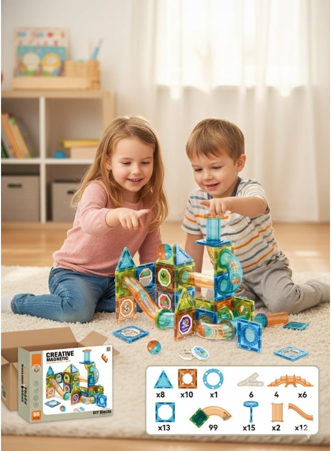 Magni Mates Creative Magnetic Building Blocks Track Set 88 Pieces – DIY Magnetic Tiles with Ball Run Tubes for Kids STEM Learning, Construction Play and Creative Building - Image 2